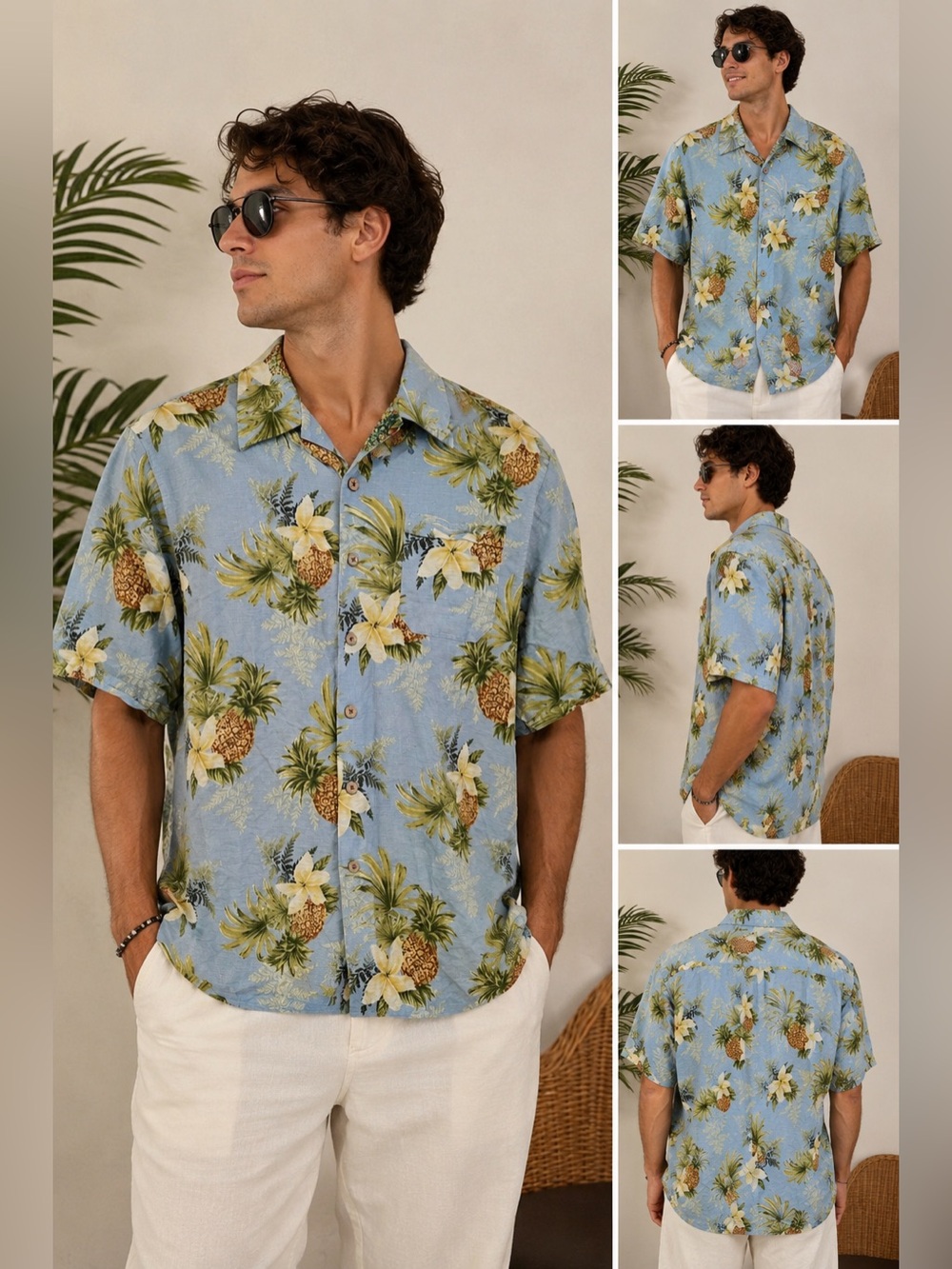Seven Palm Brand 100% Silk Hawaiian Shirt Men’s S Blue Pineapple Floral Camp